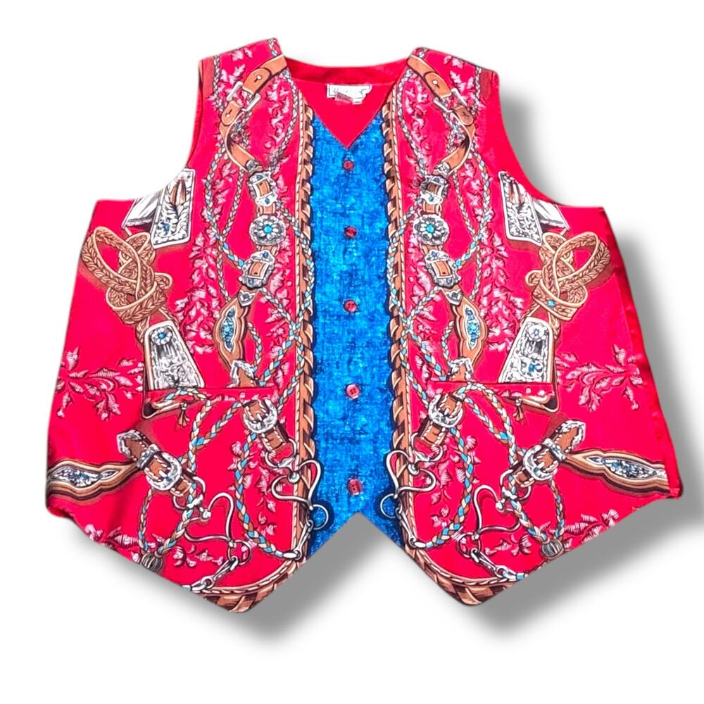 Vintage 90s Diane Gilman Silk Western Equestrian Print Vest Plus Size 2X Red